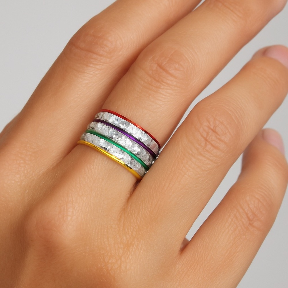 4 Stacked Multi-Color Etched Silver Band Rings – Red, Green, Purple & Gold